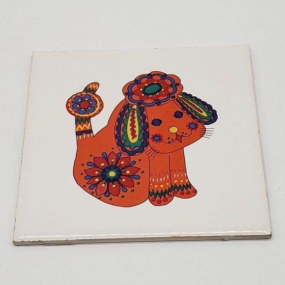 AK Kaiser Vintage German 1970s Colourful Dog Design Porcelain Tile or Trivet - Picture 5 of 10